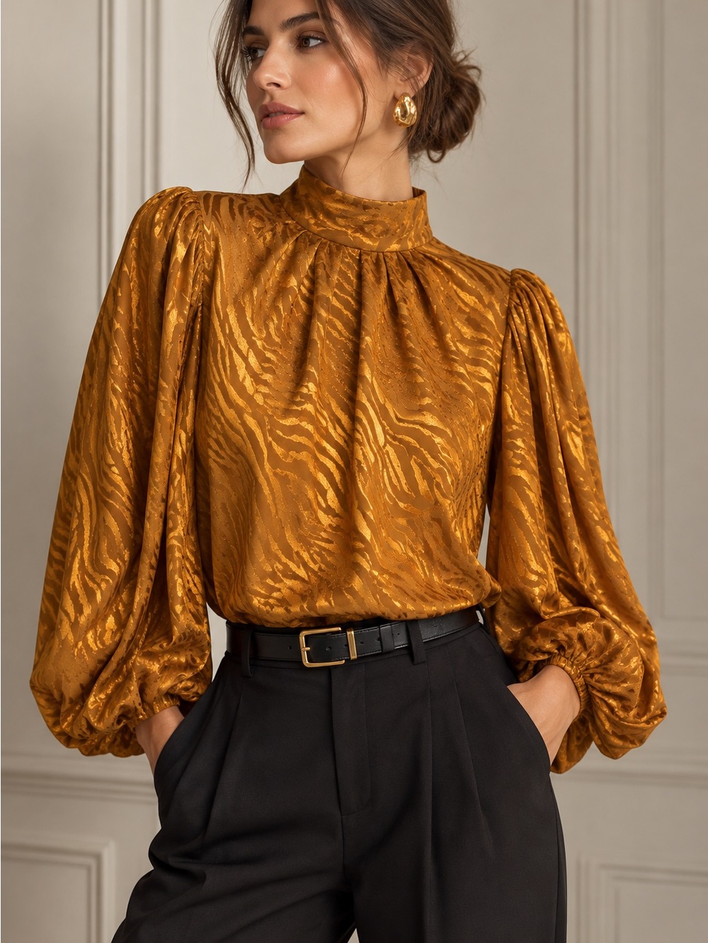 Alice + Olivia Mustard Gold Metallic Zebra Jacquard Blouse XS
